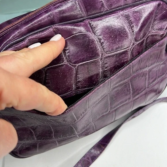 Purple Croc Embossed Leather Made in Italy Shoulder Crossbody Bag - Picture 4 of 14